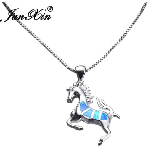 JUNXIN Women Blue Opal Horse Necklace 2017 New Fashion Animal Wedding Jewelry Silver Color Necklaces Pendants Gift