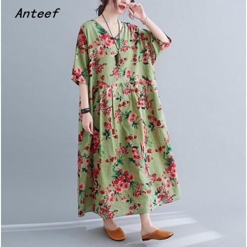 Short sleeve cotton vintage floral dresses for women casual loose long woman summer dress elegant clothes 2021