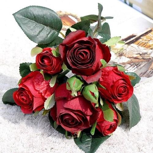 9Pcs/Bouquet Artificial Rose Realistic Beautiful Nice-looking Fake Silk Flowers for Home Party Decoration Birthday Gifts