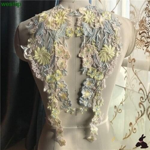 Color blocking organza Lace embroidery patches Sequins LACE decals flower Applique for DIY Wedding dress size 15 * 47 cm