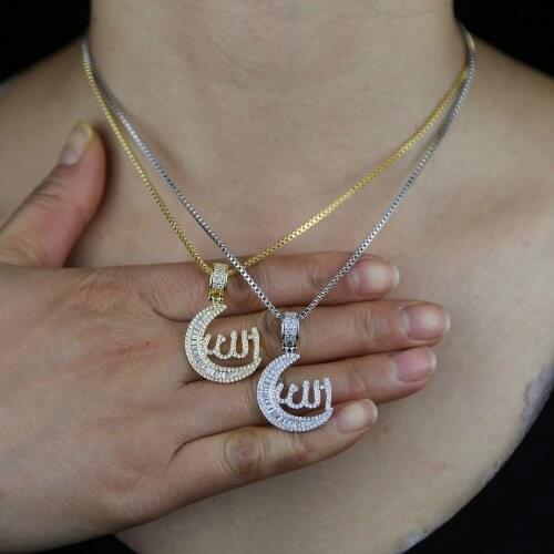 Hot Sell Muslim God Necklace Moon Allah 3mm Tennis Chain Charm Mosaic Zircon Pendant Jewelry For Women Men Hip Hop Religion Gift