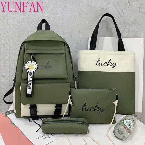 Canvas Girls Fashion Schoolbag Large Capacity Student Korean Backpack All-match Multifunctional 4 Piece Set Bolsa Sac A Dos