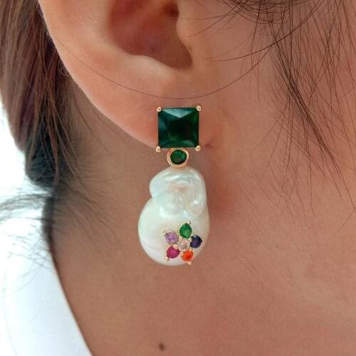 Cultured White reborn keshi freshwater Pearl Green cubic zirconia micro pave Rhinestone Stud Earrings