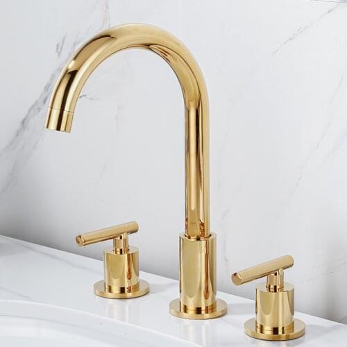 Matte Black Brass Double Handle Three Hole Basin Faucet Deck Mounted Bathroom Split Sink Faucet Gold Hot Cold Water Mixer Tap