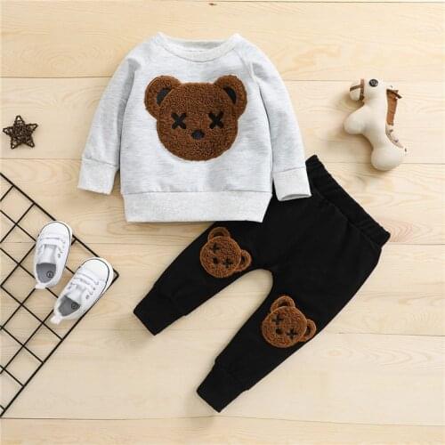 Cute Kids Boys Cartoon Bear Two-piece Suit Long Sleeve Pullover Sweatshirt Top and Elastic Waist Pants for Spring Fall, 1-5Years