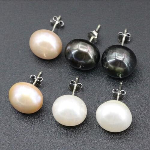 Fashion 3 Colors 12mm Natural Freshwater Pearl Stud Earring For Women Elegant Sterling Studs Earrings Jewelry B3436