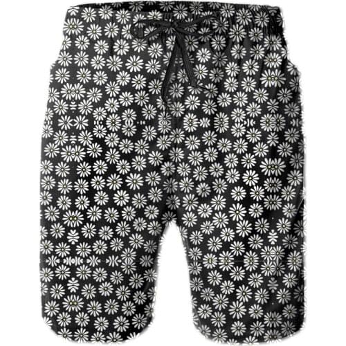 Male Shorts Beach R92 Breathable Quick Dry Funny NoveltyCasual White Daisies On Black Background