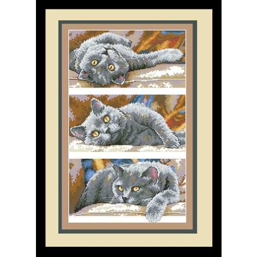 Three Fat Cats Cross Stitch Pattern Kits Printed Canvas Needlework Sets 11CT 14CT DIY Embroidery Paintings Craft Home Decoration