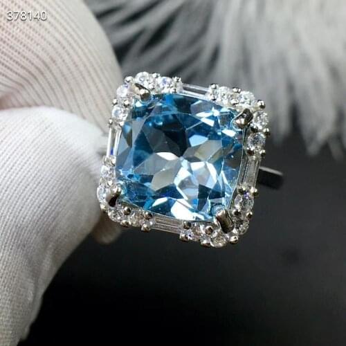 Certificate Natural Blue Topaz Gemstone Women Men Faceted Adjustable Ring Cube Clear Bead 10x10mm Healing Stone AAAAA