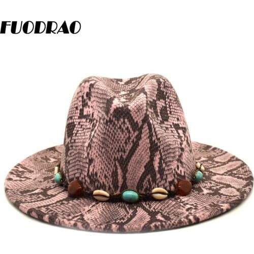 FUODRAO New Snake Print Fedora Women Wide Brim Hats Wool Autumn Winter Jazz Hats Men Vintage Panama Gamble Jazz Cap F42