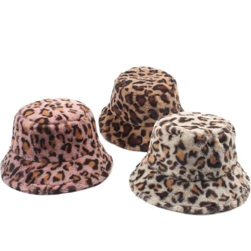 Fashion Winter Leopard Faux Fur Bucket Hats For Women Girl Cow Print Plush velvet Warm Panama Black White Fisherman Hats