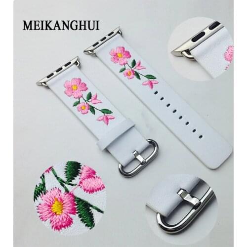 Genuine Leather Watchband For Apple Watch 38mm 42mm Red Flower Embroidery Women Men Replace Bracelet Strap Band for iwatch 1 2 3