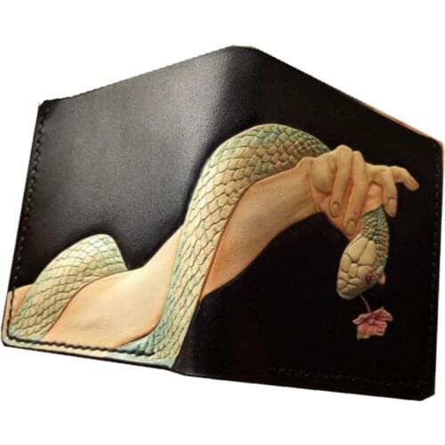 Handmade Wallets Original Design Lingering Love Carving Snake Purses Women Men Short Clutch Vegetable Tanned Leather Wallet Gift