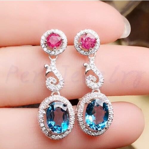 Natural topaz drop earring Free shipping Authentic blue pink topaz 925 sterling silver Fine jewelry 1ct*2pcs gemstone #R98803