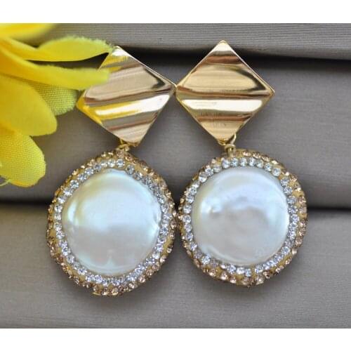 Z10684 21mm White Coin Pearl Dangle Gold-plating CZ Earring