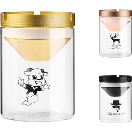 Practical Convenient Stylish Multi-occasional Cartoon Pattern Glass Ashtray with Lid Home Living Room Smokeless Ash Holder