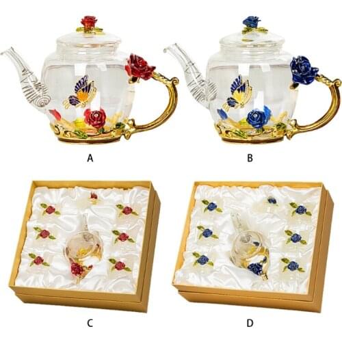 Glass Teapot - Enamel Rose Flower Butterfly Decoration Heat Resistant Glass Teapot Kettle with Strainer for Blooming Tea Loose