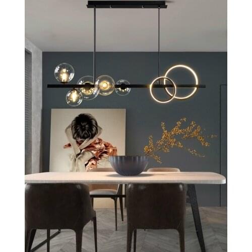 Dining Room Black LED Chandelier Modern Coffee Shop Bar Glass Ball Pendant Lamp Restaurant Office Creative Long Hanging Light