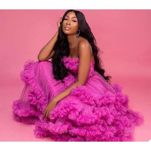 Evening Maternity Dresses Robes For Photo Shoot Custom Made Sexy Strapless Lace Tulle Ruffled Long Tiered Maternity Gowns