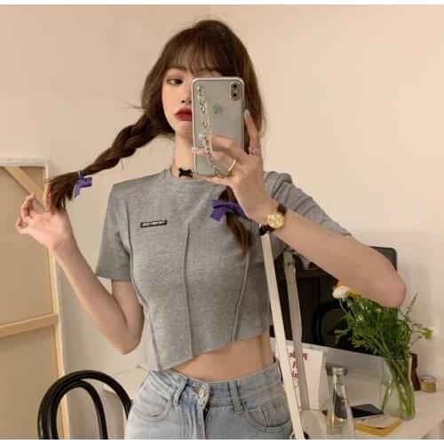 T-Shirt WomenS Tide Summer Short Tops WomenS Design Sense Niche Short-Sleeved Irregular Navel All-Match