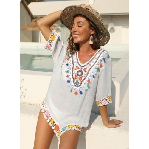 Salida De Playa Mujer 2021 Sexy Beach Cover Up Pareo Bathing Suit Coverup Swimwear Plus Size Embroidery Hand Hook Stitching Cape
