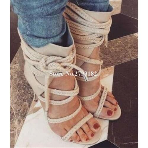 Western Style Women Fashion Open Toe Stiletto Heel Gladiator Sandals Ankle Wrap Lace-up High Heel Sandals Motorcycle Heels