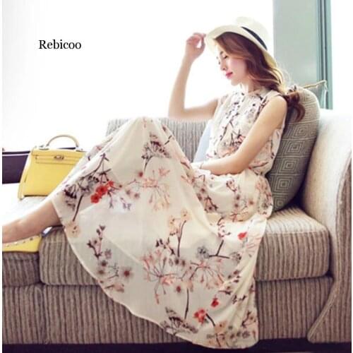 Fast Shipping Summer New Arrival Good Quality Flower Printed Sleeveless Woman Chiffon Long Dress