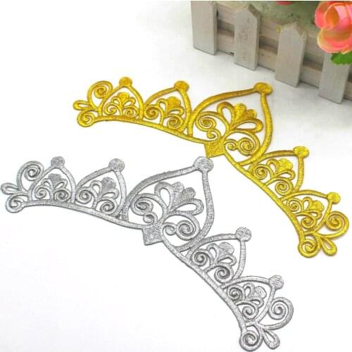 YACKALASI Gold Appliqued Iron On Royal Crown Diy Trims Shiny Metallic Embroidered Patches Gold And Silver 22cm*8cm