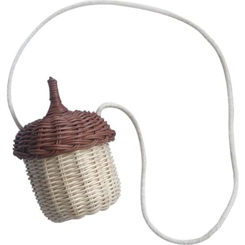 1pc Rattan Woven Mini Acorn Shape Cross Body Hanging Basket (Light Brown Beige)