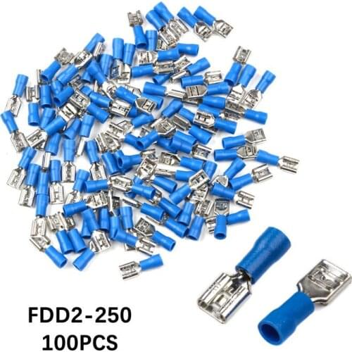 100PCS/lot Blue FDD2-250 Female Insulated Electrical Crimp Terminal for 1.5-2.5mm2 Connectors Cable Wire Connector