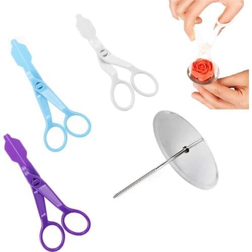 2Pcs/set Piping Flower Scissors + Flower Stand Nail Safety Rose Decor Lifter Fondant Cake Decor Tray Cream Transfer Baking