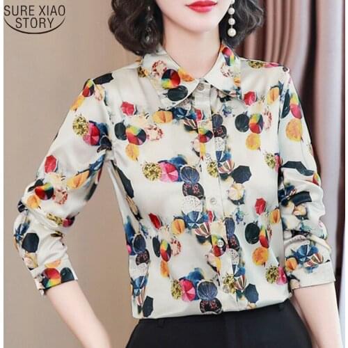 2021 Office Lady Long-Sleeve Floral Button Cardigan Women Blouse Printed Satin Silk Shirt For Women Plus Size Ladies Tops 10723