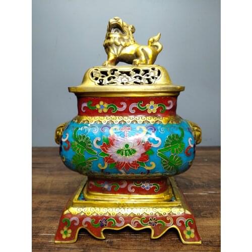 9" Tibet Buddhism Old Bronze Cloisonne Enamel Animal head Binaural incense Three-body Lion Cover Incense Burner