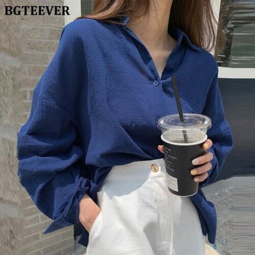 BGTEEVER Casual Oversized Turn-down Collar Women Blouses 2021 Autumn Winter Loose Single-breasted Female Blouses Tops Blusas