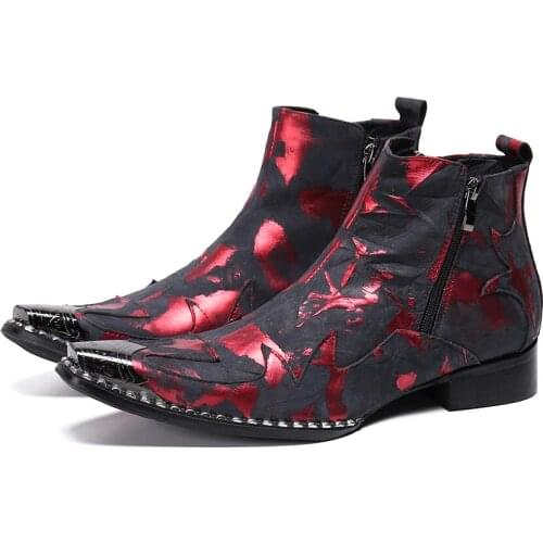 Christia Bella Classical Metal Pointed Toe Mens Genuine Leather Party Short Boots Male Wine Red Print Ankle Boots Man Zip Boots
