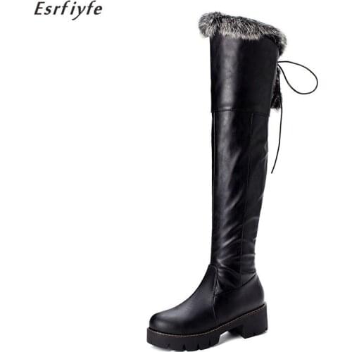 ESRFIYFE 2020 New Thigh High Snow Boots Women Winter Warm Thick Heels Boots Shoes Woman Black Brown Cross Strap Over Knee Bootss
