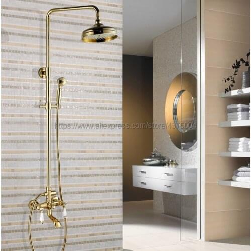 Gold Color Brass Shower Set Faucet Wall Mounted 8" Rain Shower Head Faucet Tub Mixer Tap Hand Shower Ngf361