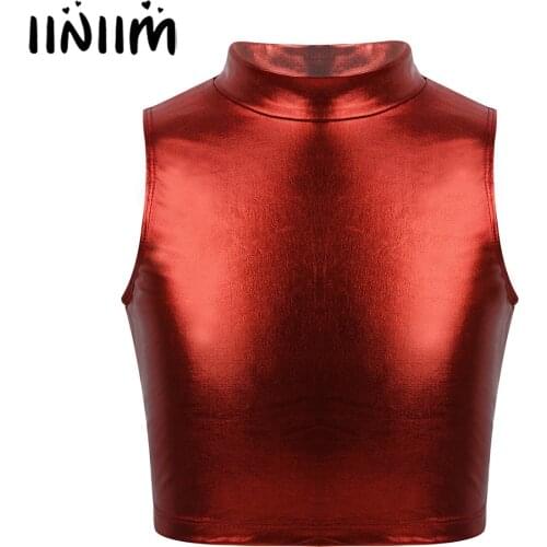 Iiniim Teen Girls Metallic Turtleneck Crop Tank Tops Costumes for Ballet Dance Stage Performance Gymnastics Leotard for Kids