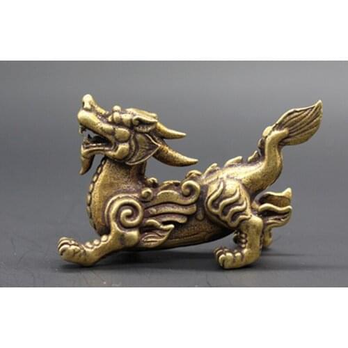 Mini) Delicate Old-style Brass Decorative Lifelike Ancient Chinese Mythical Auspicious Beast Kylin Statue No.2