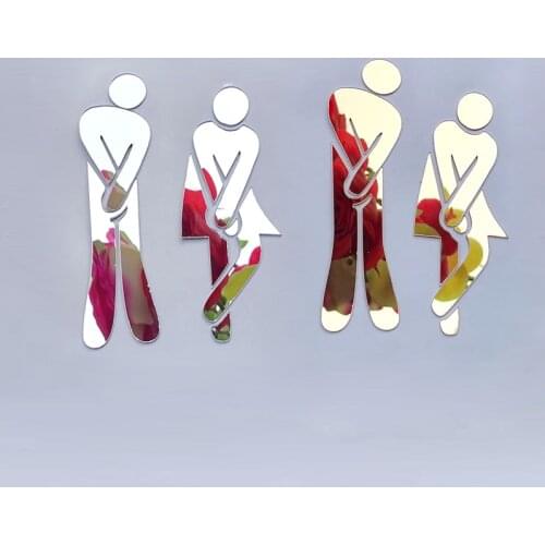 Multi Style 3D Acrylic Mirror Round Toilet Door Sign Men Women Bathroom WC Gold Silver Modern Wood Base Wall Sticker Home Decor