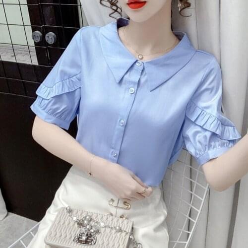 2021 summer new style small fresh POLO collar ruffled short-sleeved design sense is thin and fashionable chiffon shirt women