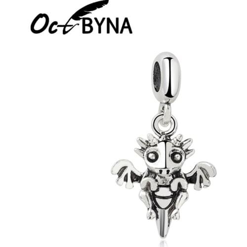 Octbyna Silver Color Cartoon Character Small Flying Dragon Charm Beads Pendant For Women Fits Pandora bracelet Necklace Making