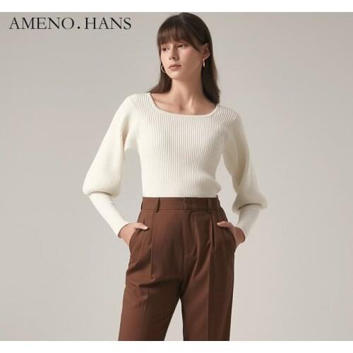 Fall sweaters women wool white leg-of-mutton sleeves square collar sweater women