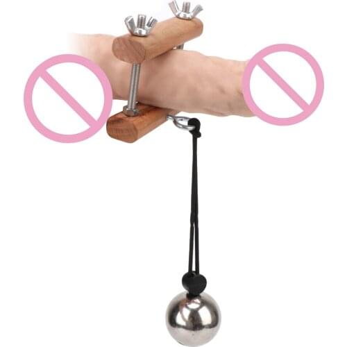 Pendant Ball Wooden Male Penis Training Testicle Crusher Penis Rings Clamp Stretcher Metal Ball Scrotum Male Sex Toys