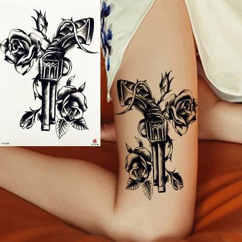 FANRUI Gun Roses Flower Temporary Tattoo Sticker Peony Sexy Black Tattoos Waterproof Draw Body Art Painting Fake Tatoo Paste