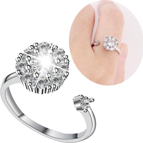 Zircon Rotating Ring Relieving Stress Sparkling Cubic Zirconia Spinner Copper Ring Open Adjustable for Valentines Day Gift