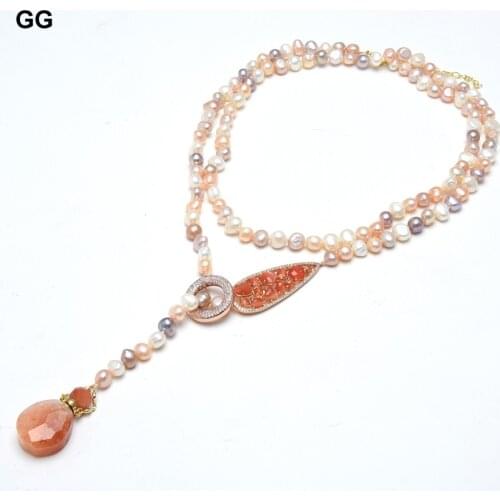 GuaiGuai Jewelry Natural Freshwater Pearl Rose Gold Plated Cats eye Connector Long Necklace 45'' Red Quartzs Rutilated Pendant