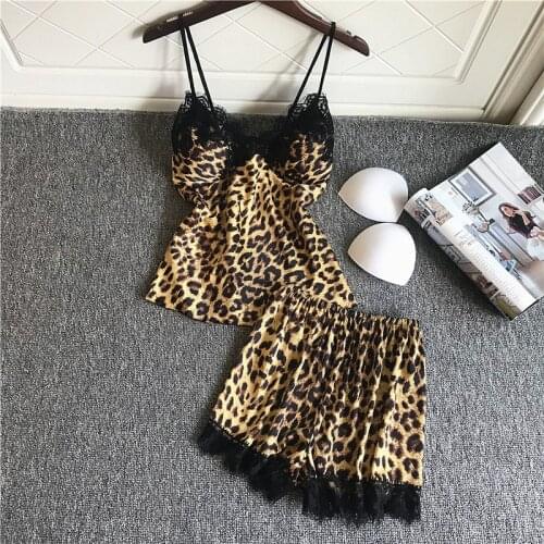 Spring/Summer Female Pajamas Sexy Lounge Intimate Lingerie Leopard Grain Ice Silk Satin Shorts Suit 2PCS leisure Sleepwear