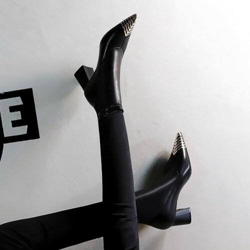 2020 New High Quality Thick High Heels Fashion Women Ankle Boots Pointed Toe Footwear Female Boots Woman Black Microfiber Shoes