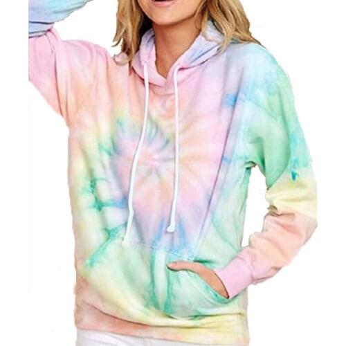 Womens hoodies tie dye printed gradient patchwork pocket loose long sleeve sweatshirt casual streetwear sport 2021 autumn hoody